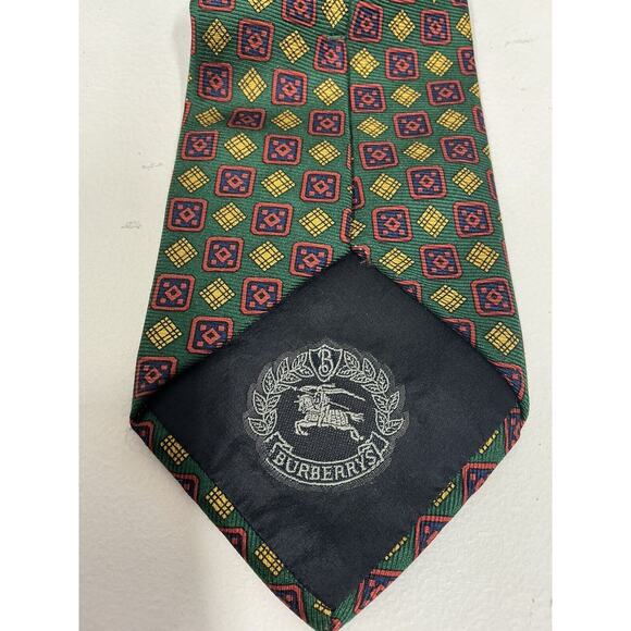 Vintage Burberrys Of London Tie Silk Green Red Gold‎ Geometric Print - Picture 7 of 7